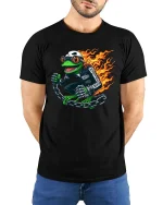 Flaming Frog Biker Graphic Cool Motorcycle Rider Animal T-shirt - model wearing black tee with hands behind back