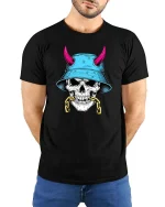 Skull Bucket Hat Street Style Graphic Edgy Art T-shirt - model wearing black tee with hands behind back