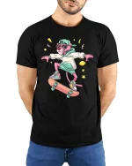Cool Pink Panther Skateboard Street Style Graphic T-shirt - model wearing black tee with hands behind back