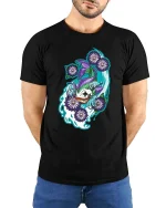 Mystic Koi Fish Floral Artistic Japanese Style Graphic T-shirt - model wearing black tee with hands behind back