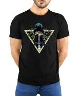 Dark Hooded Warrior Sword Fantasy Graphic Style T-shirt - model wearing black tee with hands behind back