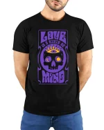 Love Is A State Of Mind Retro Psychedelic Skull Graphic T-shirt - model wearing black tee with hands behind back