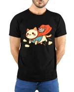 Cute Superhero Cat Cartoon Funny Animal Graphic T-shirt - model wearing black tee with hands behind back