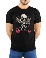 Cupid Skeleton Funny Valentine Humor Graphic Love T-shirt - model wearing black tee with hands behind back