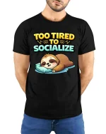 Too Tired To Socialize Funny Sleeping Sloth Graphic T-shirt - model wearing black tee with hands behind back