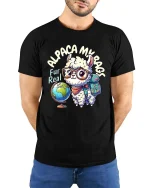 Alpaca My Bags Cute Travel Lover Funny Animal Graphic T-shirt - model wearing black tee with hands behind back