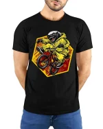 Angry Honey Badger BMX Rider Extreme Animal Graphic T-shirt - model wearing black tee with hands behind back