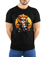 Cool Lion Biker Graphic Motorcycle Rider Animal T-shirt - model wearing black tee with hands behind back