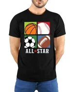 All Star Sports Balls Graphic Athlete Fan Favorite T-shirt - model wearing black tee with hands behind back