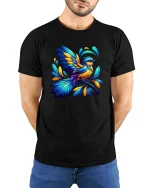 Colorful Hummingbird Artistic Nature Lover Graphic T-shirt - model wearing black tee with hands behind back