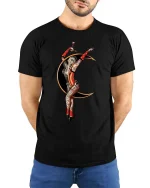 Vintage Circus Acrobat Moon Artistic Performer Graphic T-shirt - model wearing black tee with hands behind back