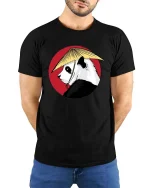 Japanese Style Panda Samurai Artistic Graphic Animal T-shirt - model wearing black tee with hands behind back