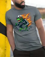 Flaming Frog Biker Graphic Cool Motorcycle Rider Animal T-shirt - model wearing grey tee, leaning on column