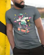 Cool Pink Panther Skateboard Street Style Graphic T-shirt - model wearing grey tee, leaning on column