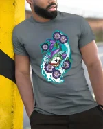 Mystic Koi Fish Floral Artistic Japanese Style Graphic T-shirt - model wearing grey tee, leaning on column