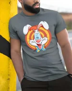 Funny Cartoon Bunny Retro Style Happy Character Graphic T-shirt - model wearing grey tee, leaning on column