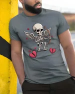 Cupid Skeleton Funny Valentine Humor Graphic Love T-shirt - model wearing grey tee, leaning on column