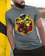 Angry Honey Badger BMX Rider Extreme Animal Graphic T-shirt - model wearing grey tee, leaning on column