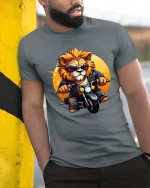 Cool Lion Biker Graphic Motorcycle Rider Animal T-shirt - model wearing grey tee, leaning on column