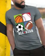 All Star Sports Balls Graphic Athlete Fan Favorite T-shirt - model wearing grey tee, leaning on column