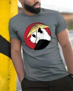 Japanese Style Panda Samurai Artistic Graphic Animal T-shirt - model wearing grey tee, leaning on column