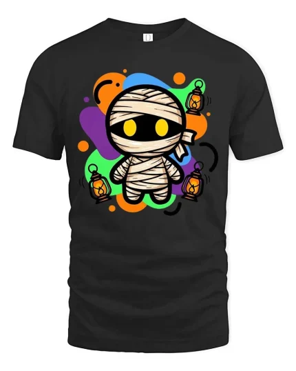 Cute Halloween Mummy Lantern Glow Graphic T-Shirt Costume - black t-shirt on white background