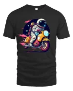 Astronaut Riding Scooter Retro Space Adventure Graphic T-Shirt - black t-shirt on white background
