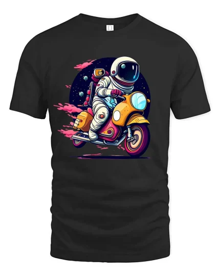 Astronaut Riding Scooter Retro Space Adventure Graphic T-Shirt - black t-shirt on white background