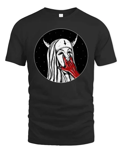 Dark Gothic Nun Horror Aesthetic Graphic T-Shirt Style - black t-shirt on white background