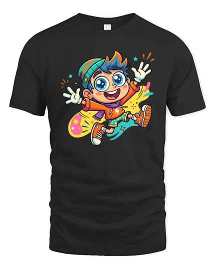 Happy Cartoon Kid Color Splash Fun Graphic T-Shirt Style - black t-shirt on white background