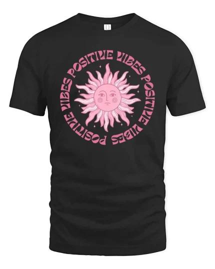 Positive Vibes Retro Sun Aesthetic Inspirational Graphic T-Shirt - black t-shirt on white background
