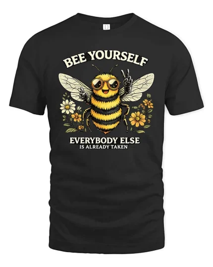 Bee Yourself Cute Motivational Quote Graphic T-Shirt Style - black t-shirt on white background