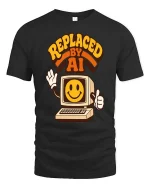 Replaced By AI Retro Computer Humor Graphic T-Shirt Style - black t-shirt on white background