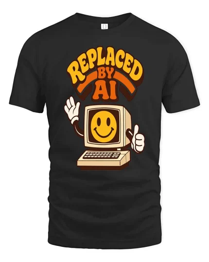 Replaced By AI Retro Computer Humor Graphic T-Shirt Style - black t-shirt on white background