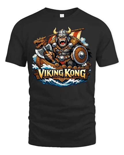 Viking Kong Warrior Norse Myth Retro Graphic T-Shirt Style - black t-shirt on white background