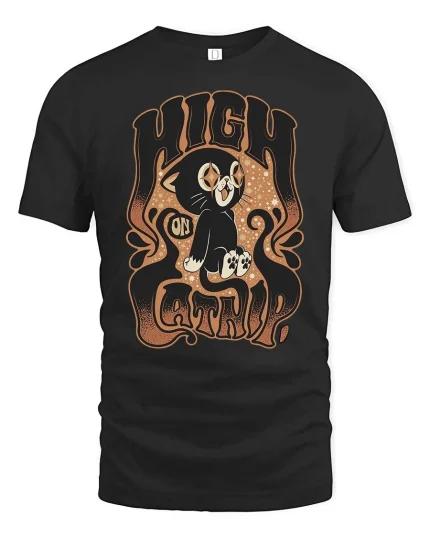 High On Catnip Retro Vintage Cat Funny Graphic T-Shirt - black t-shirt on white background