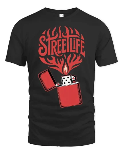 Streetlife Flame Lighter Urban Retro Graphic T-Shirt Style - black t-shirt on white background