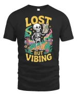 Lost But Vibing Funny Skeleton Retro Adventure Graphic T-Shirt - black t-shirt on white background