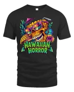 Hawaiian Horror Skull Tropical Neon Graphic Style T-Shirt - black t-shirt on white background