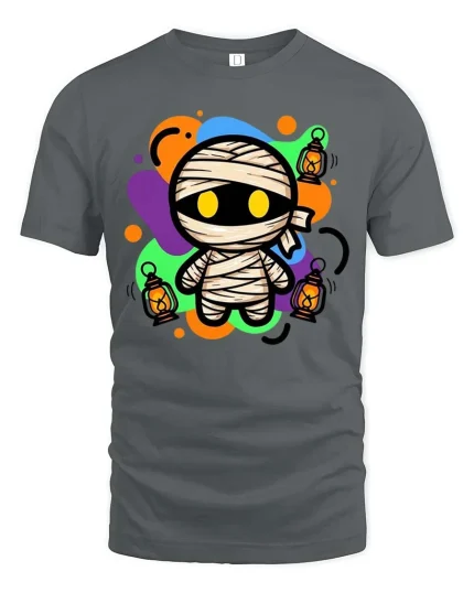 Cute Halloween Mummy Lantern Glow Graphic T-Shirt Costume - gray t-shirt on white background