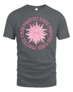 Positive Vibes Retro Sun Aesthetic Inspirational Graphic T-Shirt - gray t-shirt on white background