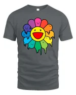 Happy Rainbow Flower Smiley Cute Graphic T-Shirt Style - gray t-shirt on white background