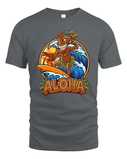 Aloha Surfing Tiki Hawaiian Retro Summer Graphic T-Shirt - gray t-shirt on white background