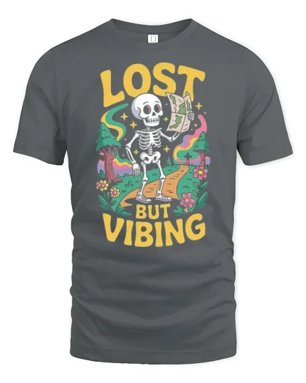 Lost But Vibing Funny Skeleton Retro Adventure Graphic T-Shirt - gray t-shirt on white background