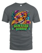 Hawaiian Horror Skull Tropical Neon Graphic Style T-Shirt - gray t-shirt on white background