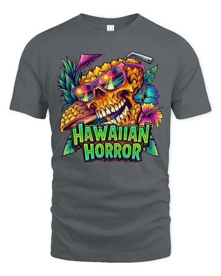 Hawaiian Horror Skull Tropical Neon Graphic Style T-Shirt - gray t-shirt on white background
