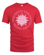 Positive Vibes Retro Sun Aesthetic Inspirational Graphic T-Shirt - red t-shirt on white background