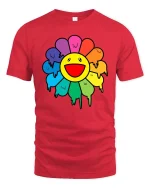 Happy Rainbow Flower Smiley Cute Graphic T-Shirt Style - red t-shirt on white background