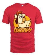 Sleepy Droopy Cartoon Dog Funny Retro Graphic T-Shirt Style - red t-shirt on white background