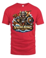 Viking Kong Warrior Norse Myth Retro Graphic T-Shirt Style - red t-shirt on white background